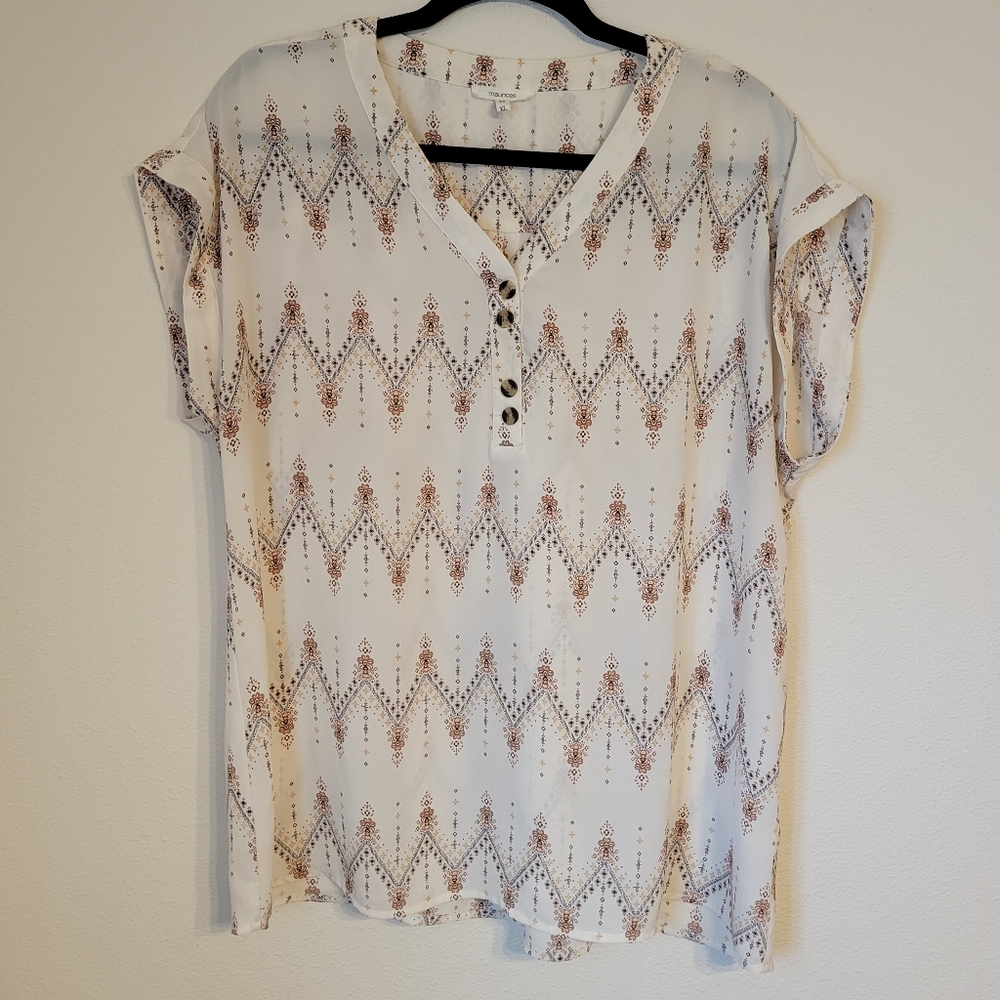 Maurices Blouse Cream Floral Paisley Print Button Short Sleeve Top XL